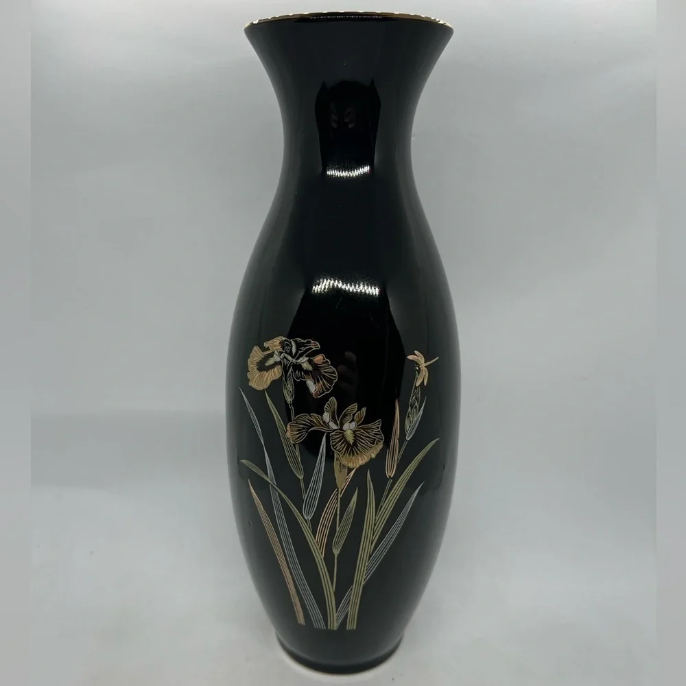 Vintage Japanese Black Golden Iris Vase Japan 11” Tall